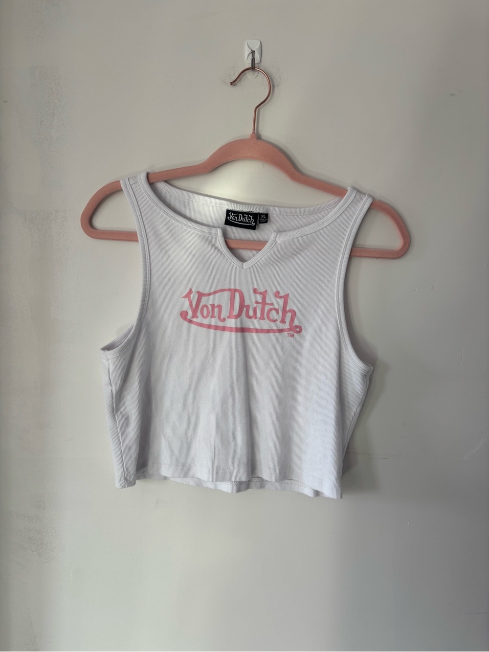 Von Dutch XL Women's White Logo Crop Tank with Pink Print